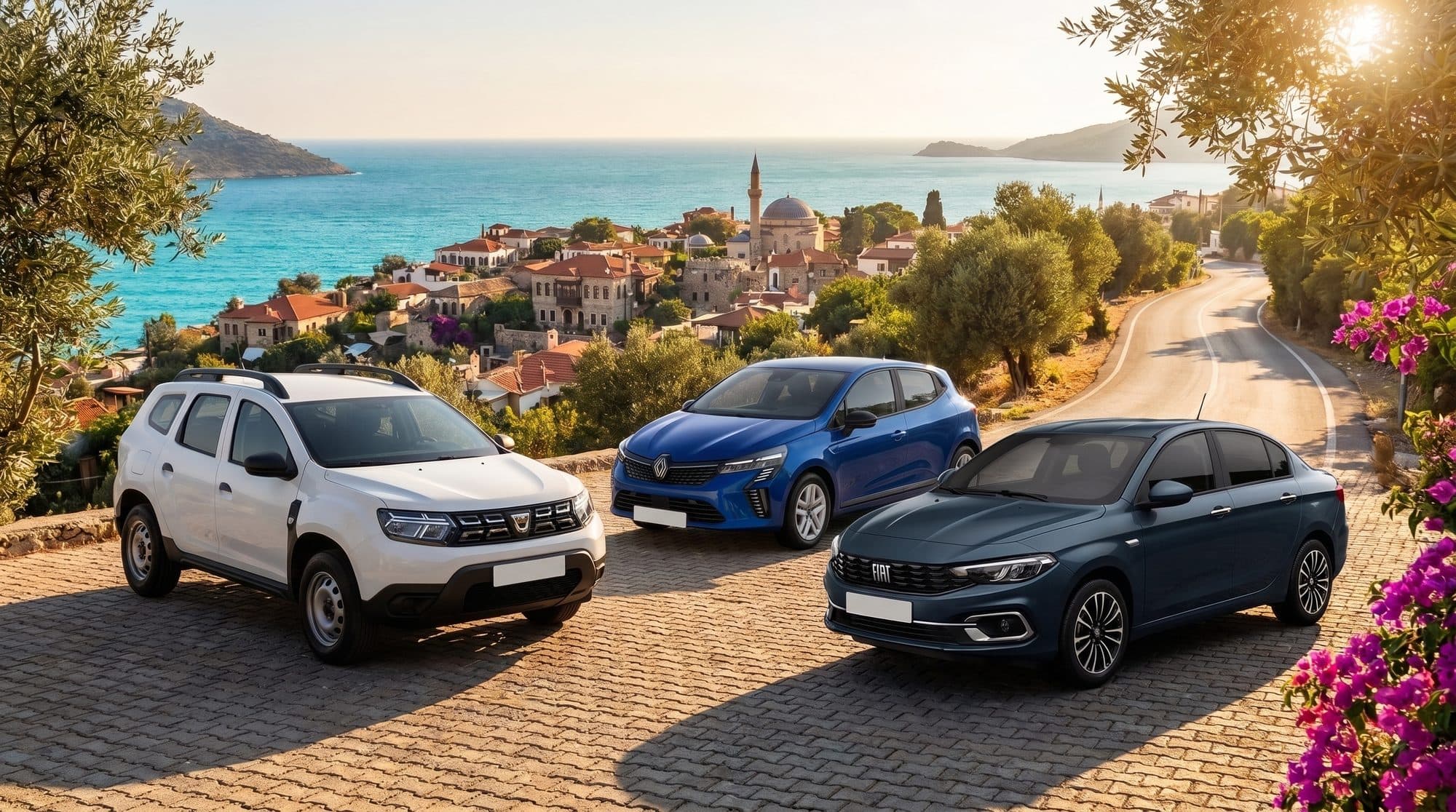 Kuzeycar Rental filosundan Dacia Duster, Renault Clio ve Fiat Egea, deniz manzaralı bir sahil kasabasının yolunda.